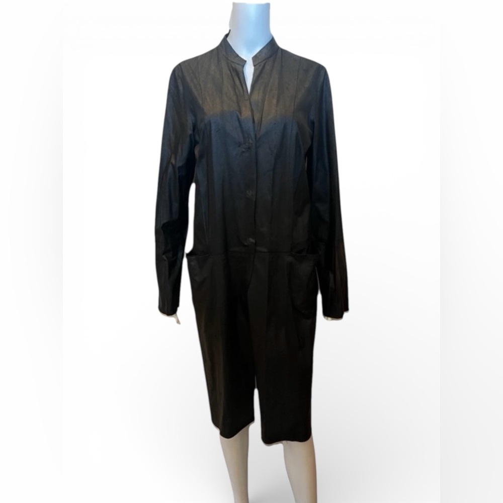 Max Studio Black Faux Leather Lightweight Snap Front Trench Coat Large